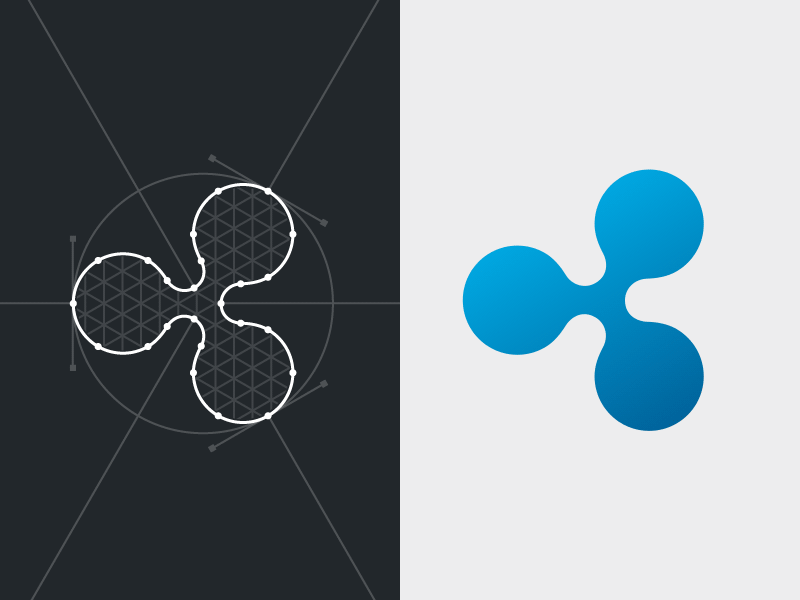 Animation of the three-armed mark being constructed from circles and guide lines, then filled in blue.